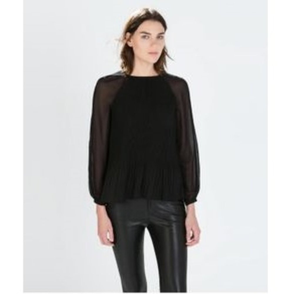 Zara Pleated Blouse with Semi Sheer Sleeves